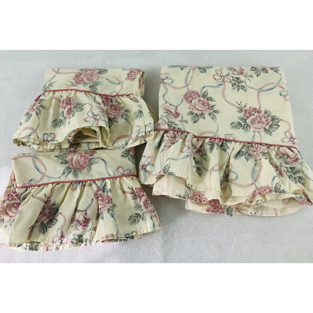Vintage Stevens Full Flat Sheet Cases Pink Floral Roses Blue Ribbon Made in USA